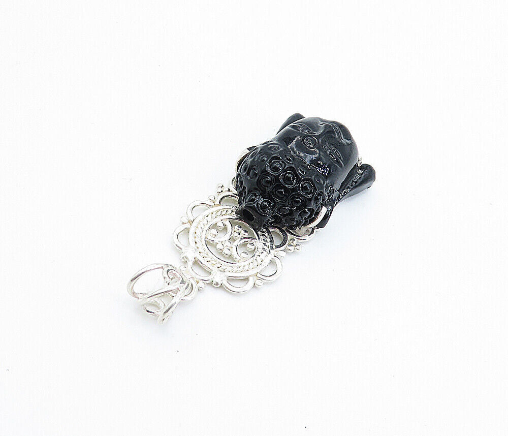 925 Sterling Silver  Face Carved Obsidian Shiny Swirl Bail Pendant  PT5915