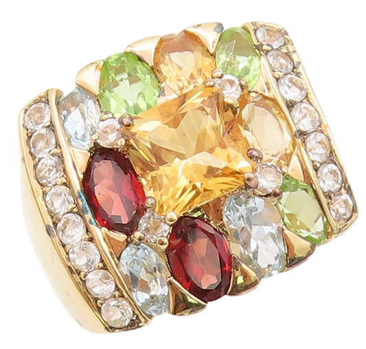 925 Sterling Silver Vintage Ring Gold Plated Multi color Topaz  Sz 7  RG29228