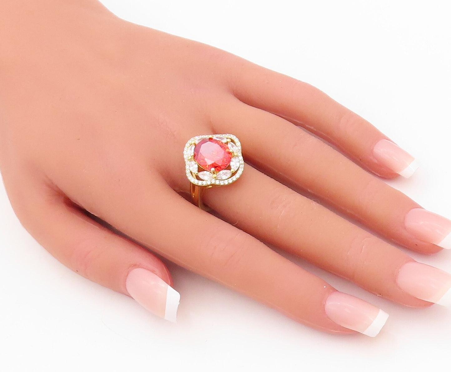 925 Sterling Silver Vintage Ring Gold Plated Red White CZ Flower Sz 7.5  RG30244