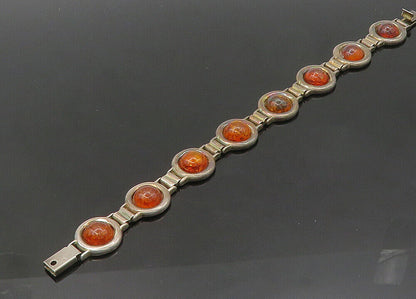 ZW POLAND 925 Silver  Vintage Cabochon Cut Amber Chain Bracelet  BT8503