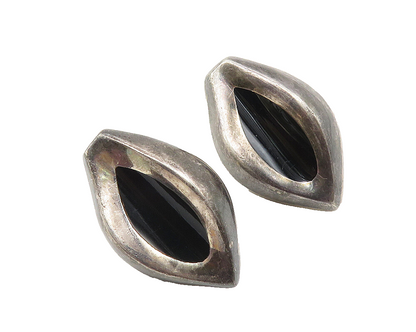 MEXICO 925 Sterling Silver Vintage Black Onyx Concave Drop Earrings  EG5740