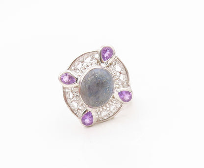925 Sterling Silver Vintage Ring Amethyst & Gemstone Openwork Band Sz 7 RG36170