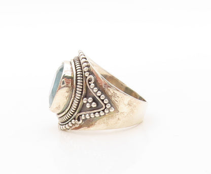 925 Sterling Silver Vintage Ring Bead Design Carved Oval Gemstone  Sz 7  RG30596