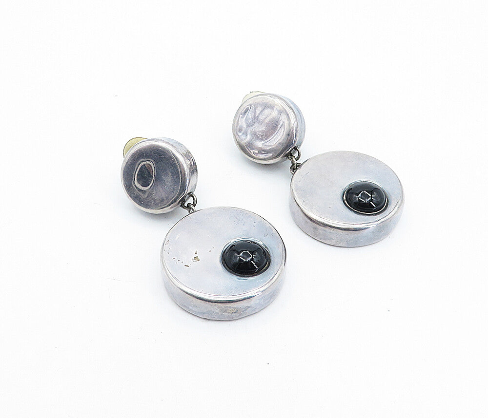 ISRAEL 925 Silver  Vintage Black Onyx Round Hollow Non Pierce Earrings  EG2325