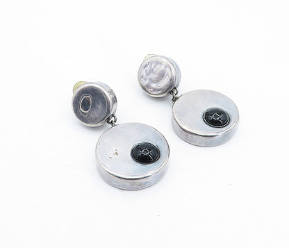 ISRAEL 925 Silver  Vintage Black Onyx Round Hollow Non Pierce Earrings  EG2325