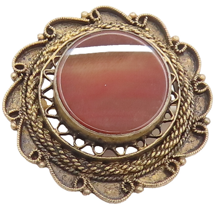 925 Silver  Vintage Brown Agate Halo Golden Filigree Work Brooch Pin  BP10325
