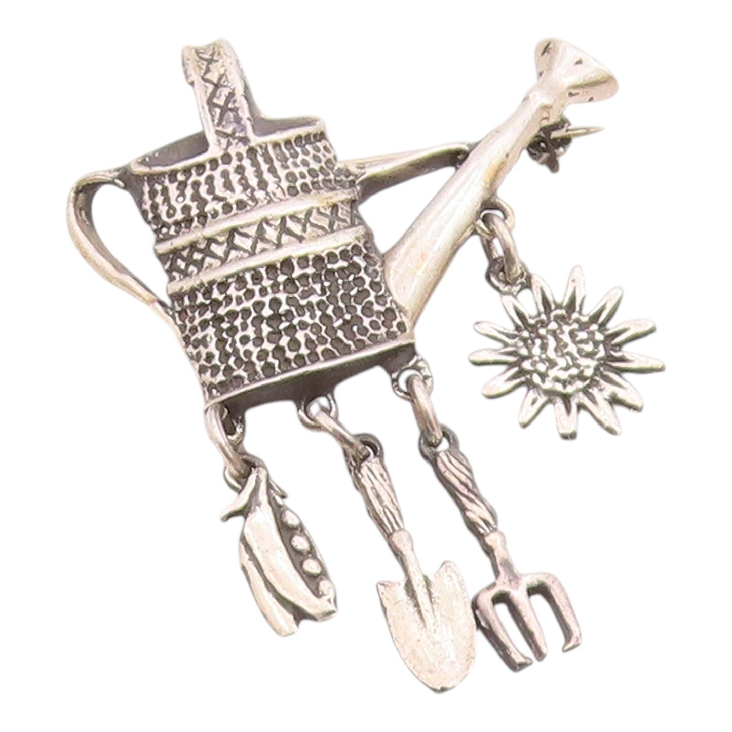 MEXICO 925 Silver  Vintage Dangling Charms Watering Can Brooch Pin  BP3113