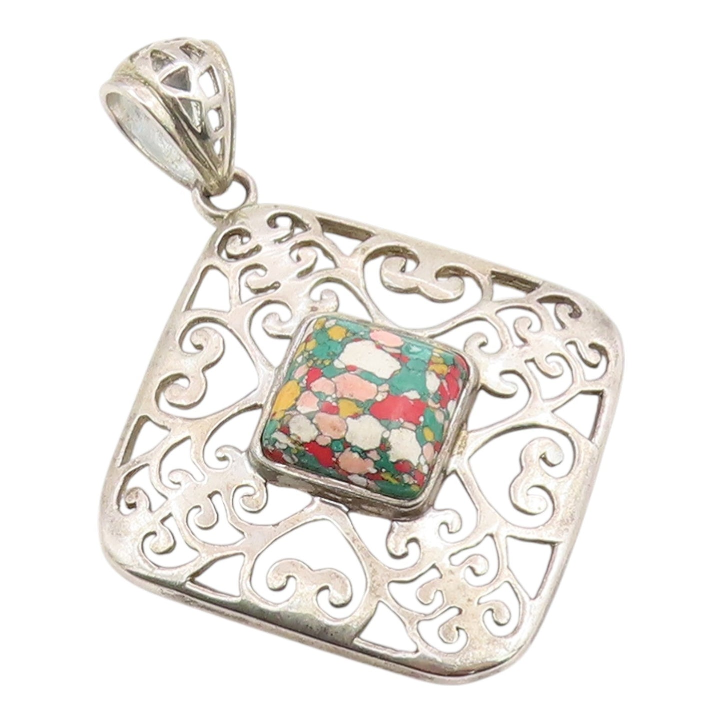 925 Sterling Silver Vintage Pendant Gemstone Classic Openwork Square  PT26118
