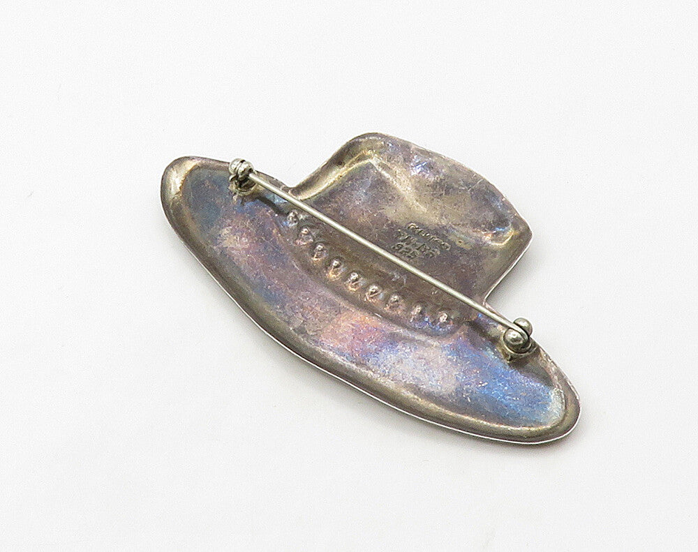 MEXICO 925 Sterling Silver  Vintage Smooth Dark Tone Hat Brooch Pin  BP6381