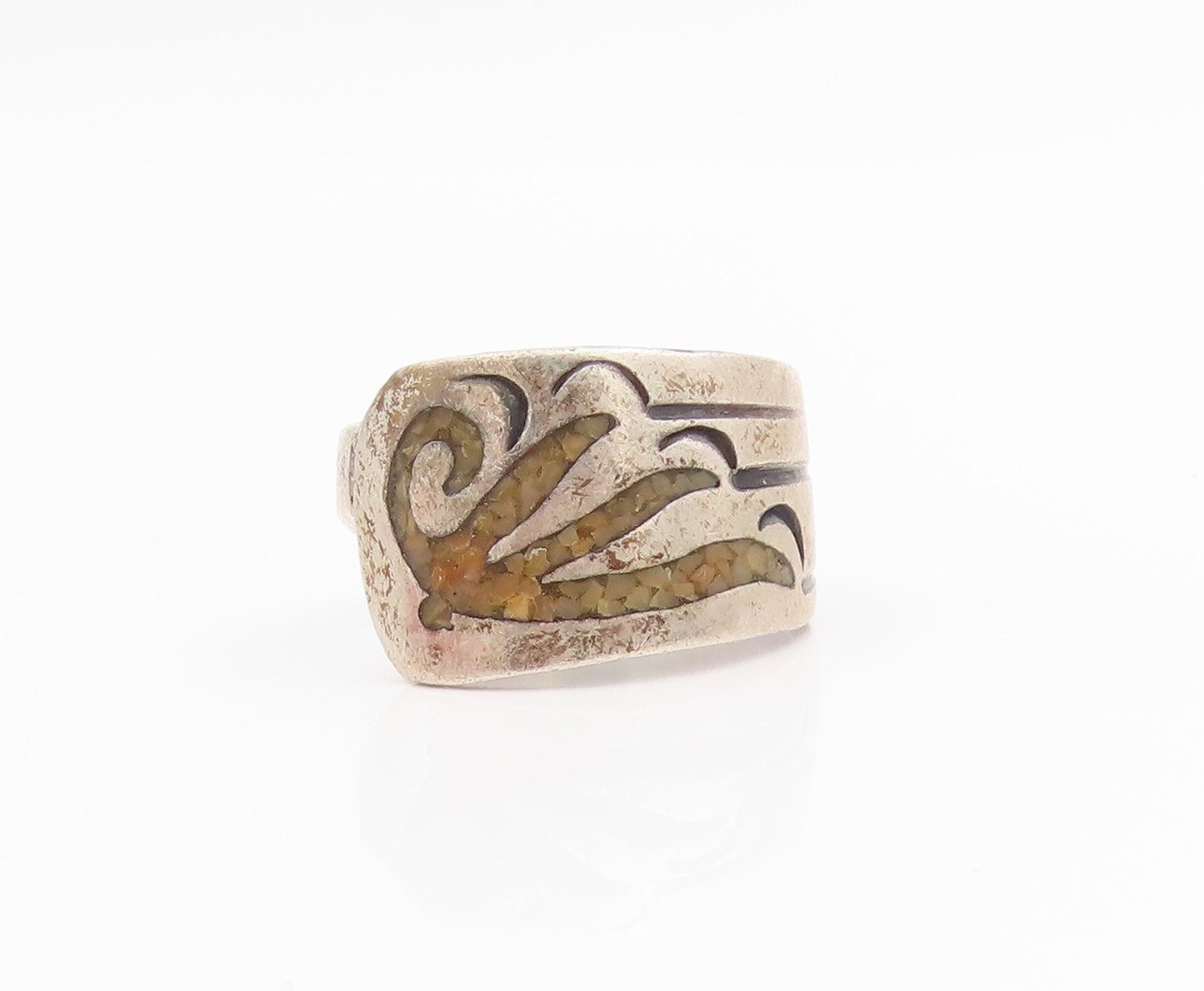 925 Sterling Silver Vintage Ring NAVAJO ZUNI Crushed Gemstone  Sz 6.5  RG33825