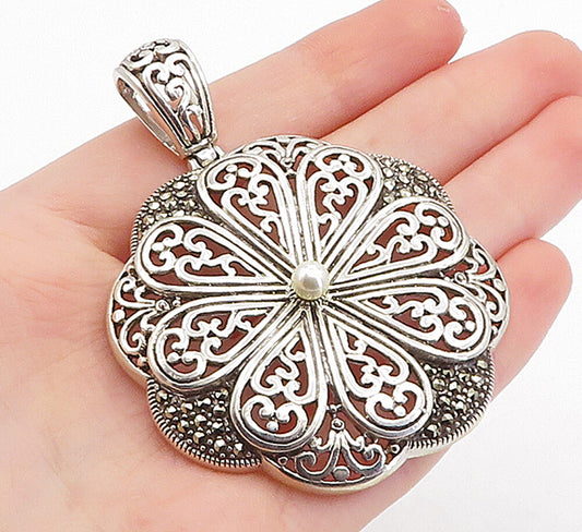 925 Sterling Silver  Vintage Petite Pearl & Marcasite Floral Pendant  PT3879
