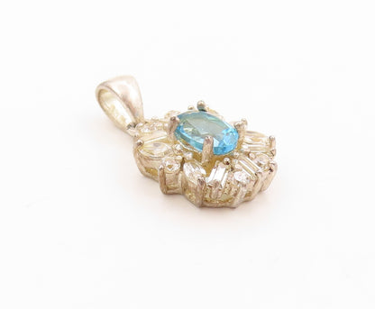 925 Sterling Silver Vintage Pendant Blue Topaz & CZ Floral Design Charm  PT25139