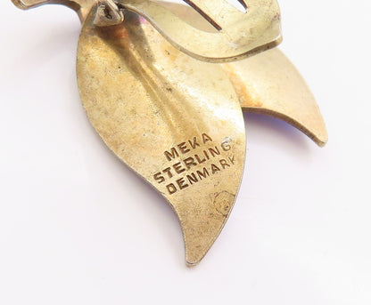 925 Sterling Silver Vintage Earrings MEKA DENMARK Gold Plated Leaves  EG13666