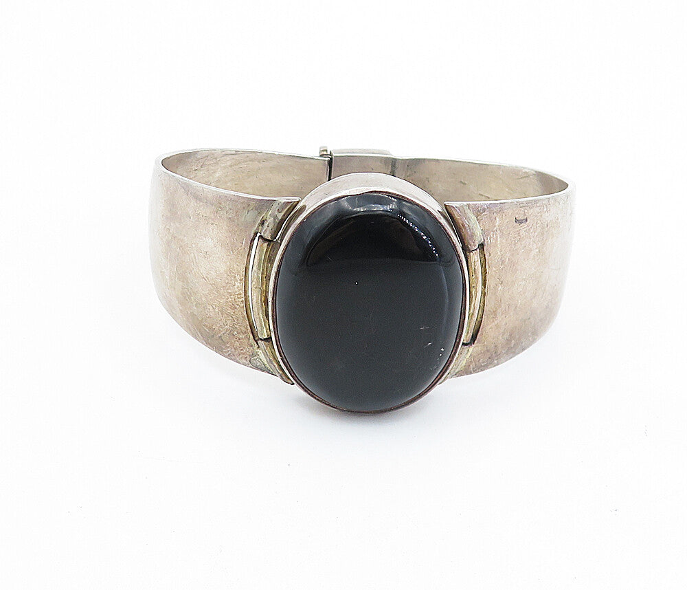 SOLEMN 925 Sterling Silver   Vintage Cabochon Black Onyx Cuff Bracelet  BT3250