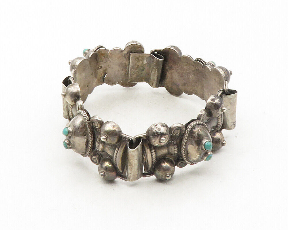 MEXICO 925 Silver  Vintage Antique Turquoise Twist Chain Bracelet  BT4174