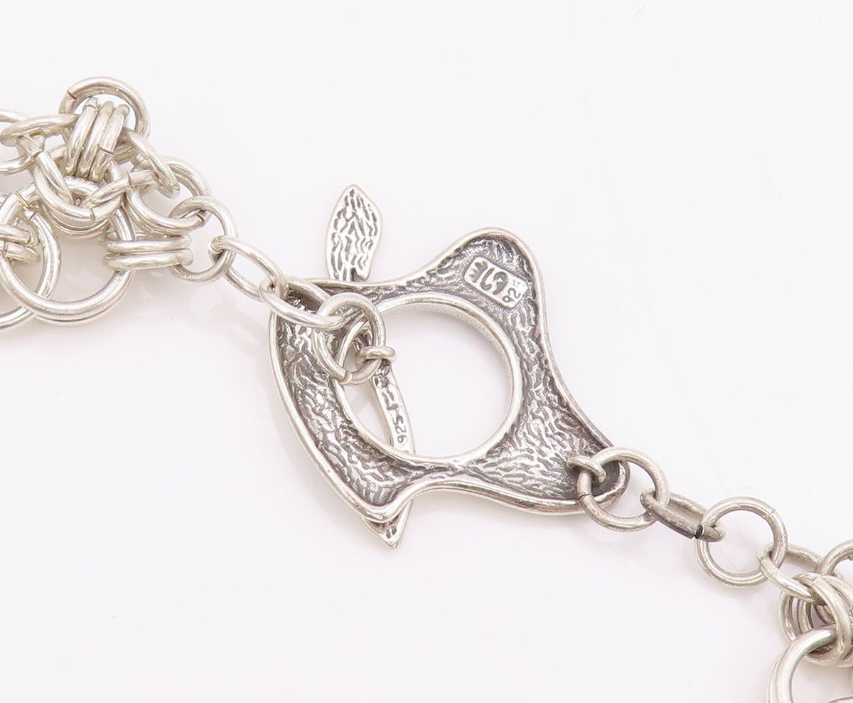 925 Sterling Silver Vintage Necklace Designer Heavy Cutout Dangling Stone NE4480