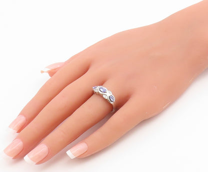 925 Sterling Silver Vintage Ring Elegant Three Stone Tanzanite Band Sz 8 RG36797