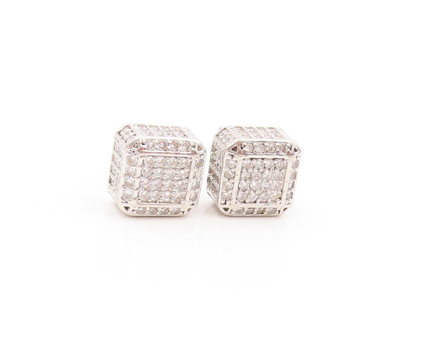925 Sterling Silver Vintage Earrings Minimalist CZ Inlay Open Cube  EG13345