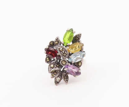 925 Sterling Silver Vintage Ring Multi Gemstone Floral Cluster Band Sz 8 RG36483