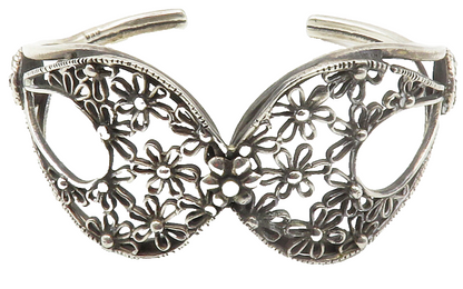 925 Sterling Silver  Vintage Open Flower Design Tapered Cuff Bracelet  BT5435