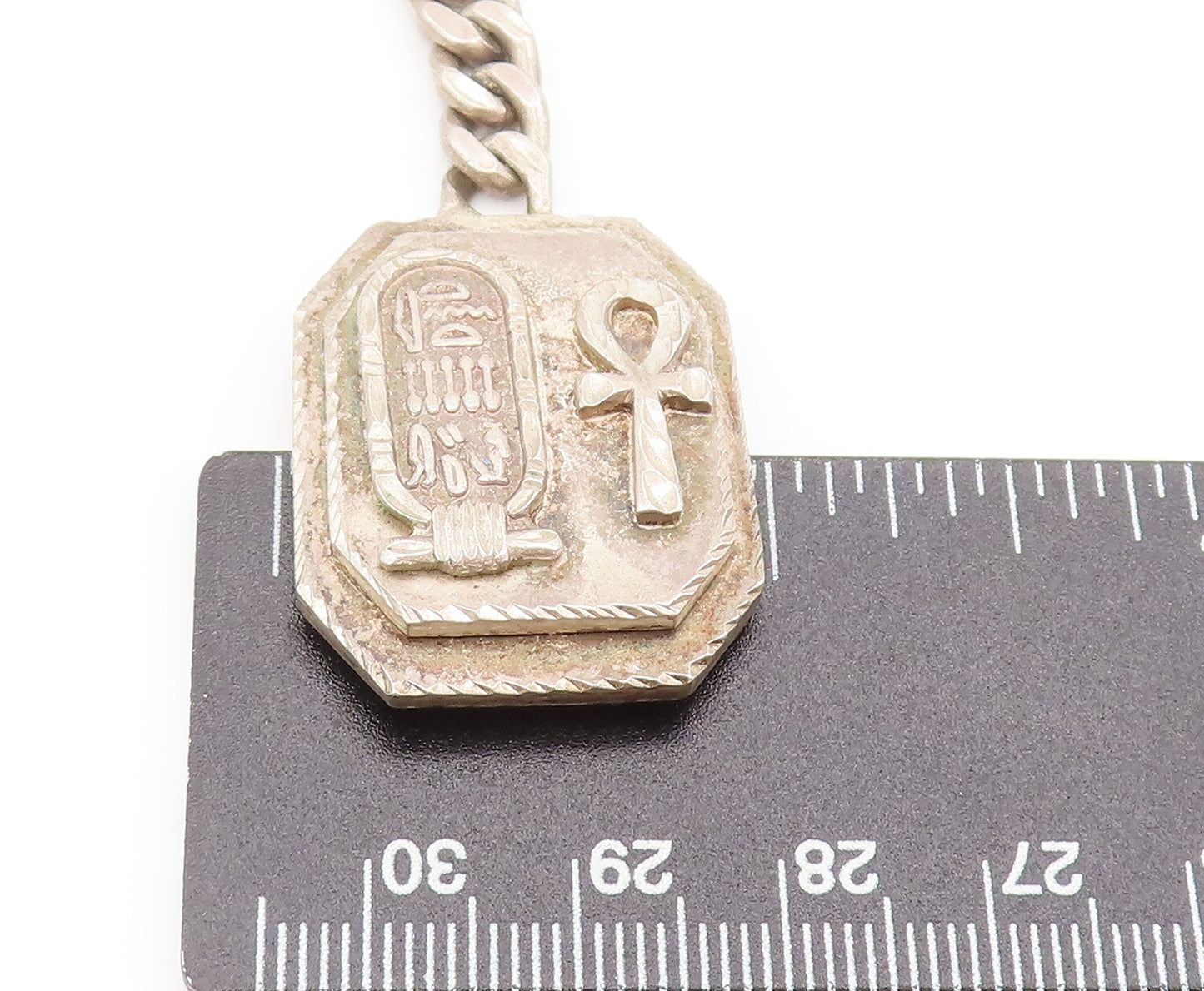 MIDDLE EAST 925 Sterling Silver Vintage Carved Cartouche Cross Keychain TR3592