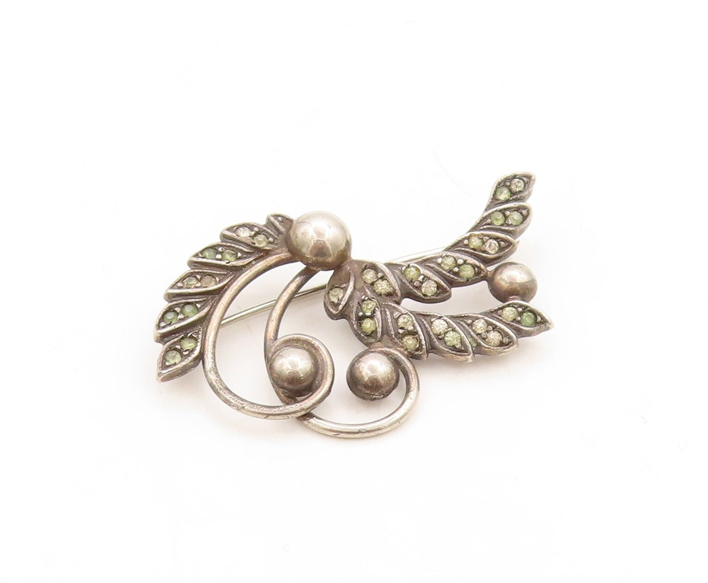 925 Sterling Silver Vintage Brooch Pin Dark Tone Peridot Floral Cutout  BP11318