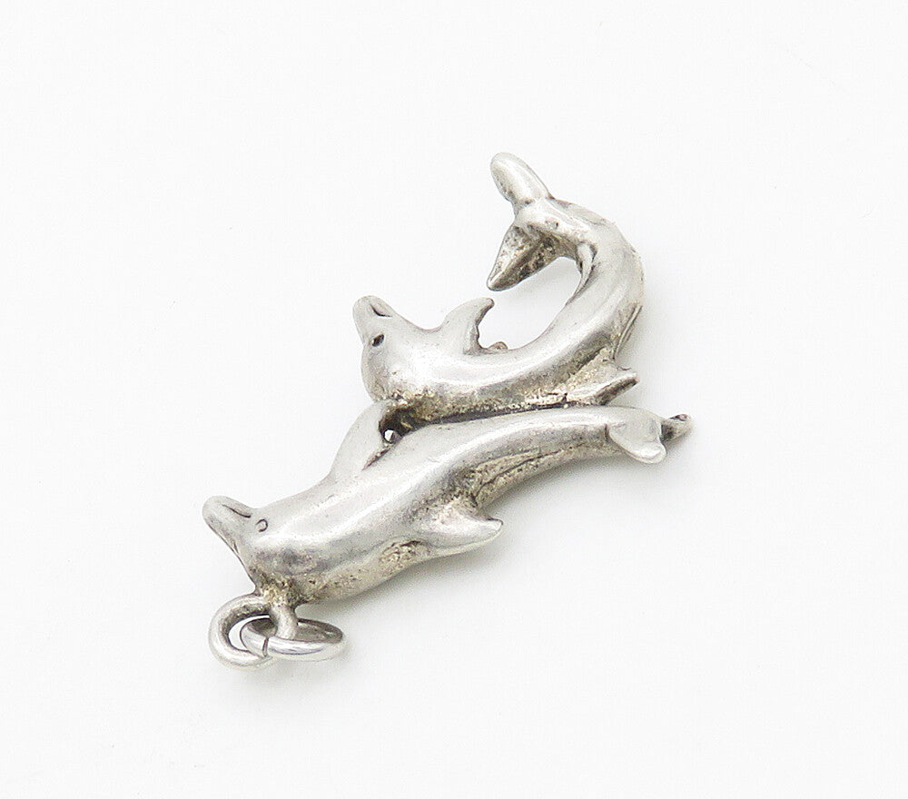 925 Sterling Silver  Vintage Shiny Smooth Dolphins Drop Pendant  PT12106