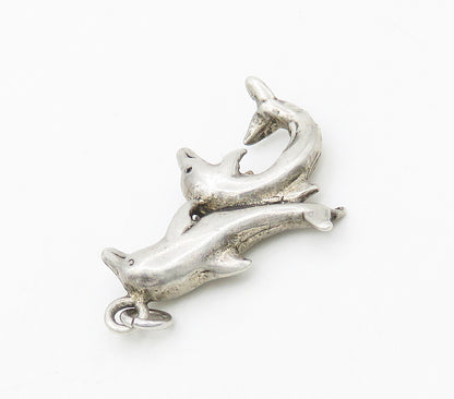 925 Sterling Silver  Vintage Shiny Smooth Dolphins Drop Pendant  PT12106