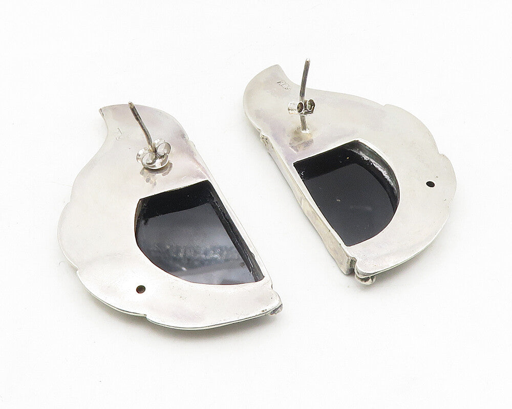 925 Sterling Silver  Vintage Black Onyx Etched Detail Drop Earrings  EG5553