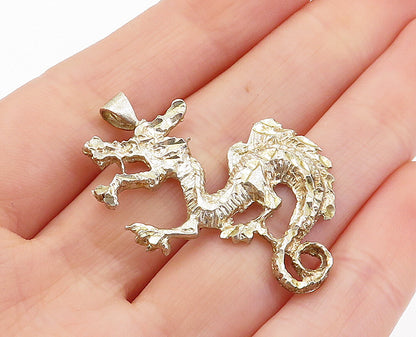 925 Sterling Silver  Vintage Shiny Etched Dragon Motif Drop Pendant  PT3913