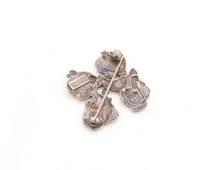 925 Sterling Silver Vintage Brooch Pin PMI Girls Playing With Hairs  BP11354