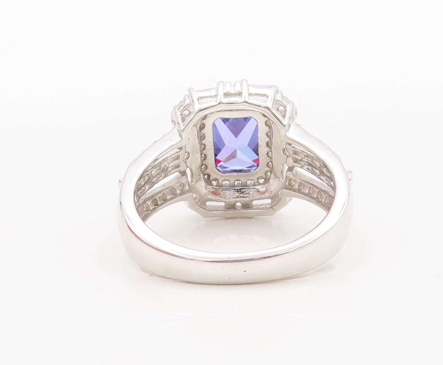 925 Sterling Silver Vintage Ring Rectangle Blue & White CZ Inlay  Sz 7  RG29797