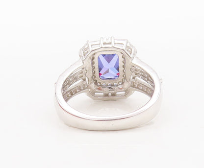 925 Sterling Silver Vintage Ring Rectangle Blue & White CZ Inlay  Sz 7  RG29797