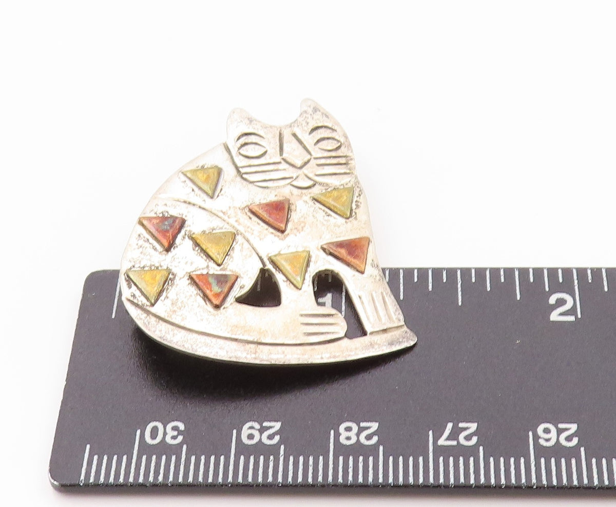 925 Sterling Silver Vintage Brooch MEXICO Big Fat Old Cat Cutout  BP11613