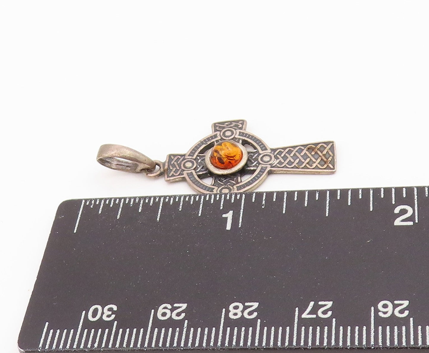 925 Sterling Silver Vintage Pendant Cabochon Amber Religious Cross  PT24260