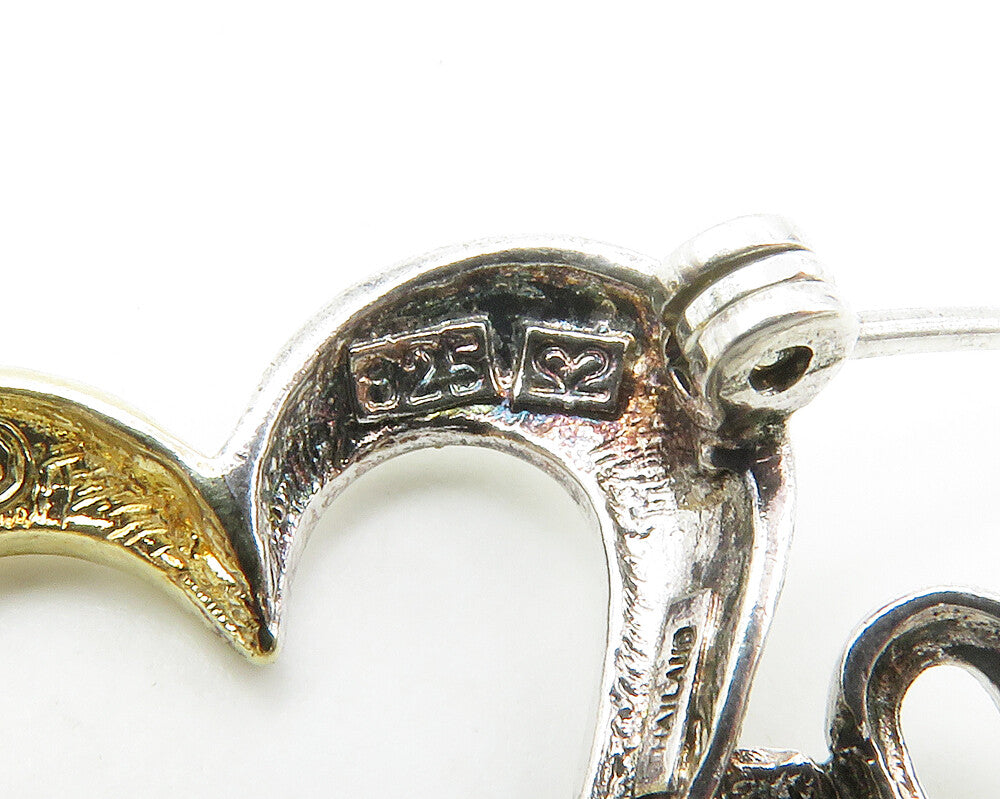925 Sterling Silver  Shiny Two Tone Open Love Heart Brooch Pin  BP5373