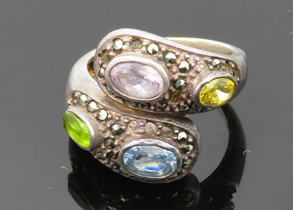 925 Sterling Silver Vintage Topaz Peridot & Multi Stone Bypass Ring Sz 7 RG20160