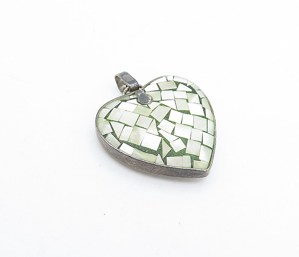 925 Sterling Silver  Vintage Mother Of Pearl Mosaic Love Heart Pendant  PT2559