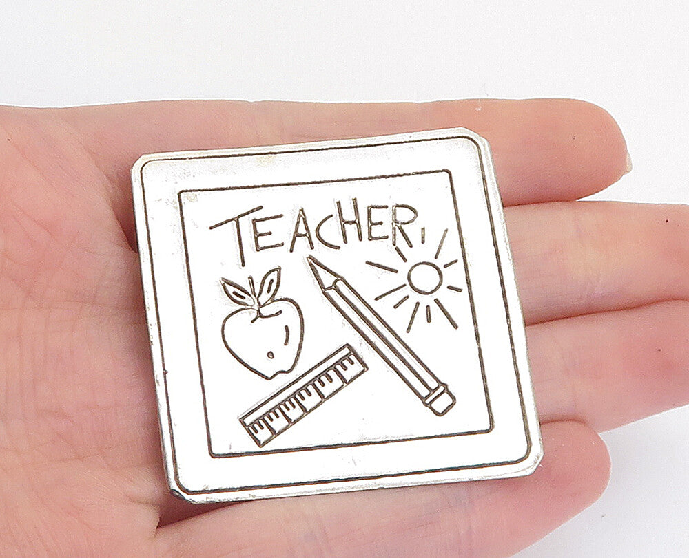 MEXICO 925 Sterling Silver  Vintage Teacher Etched Square Brooch Pin  BP2889