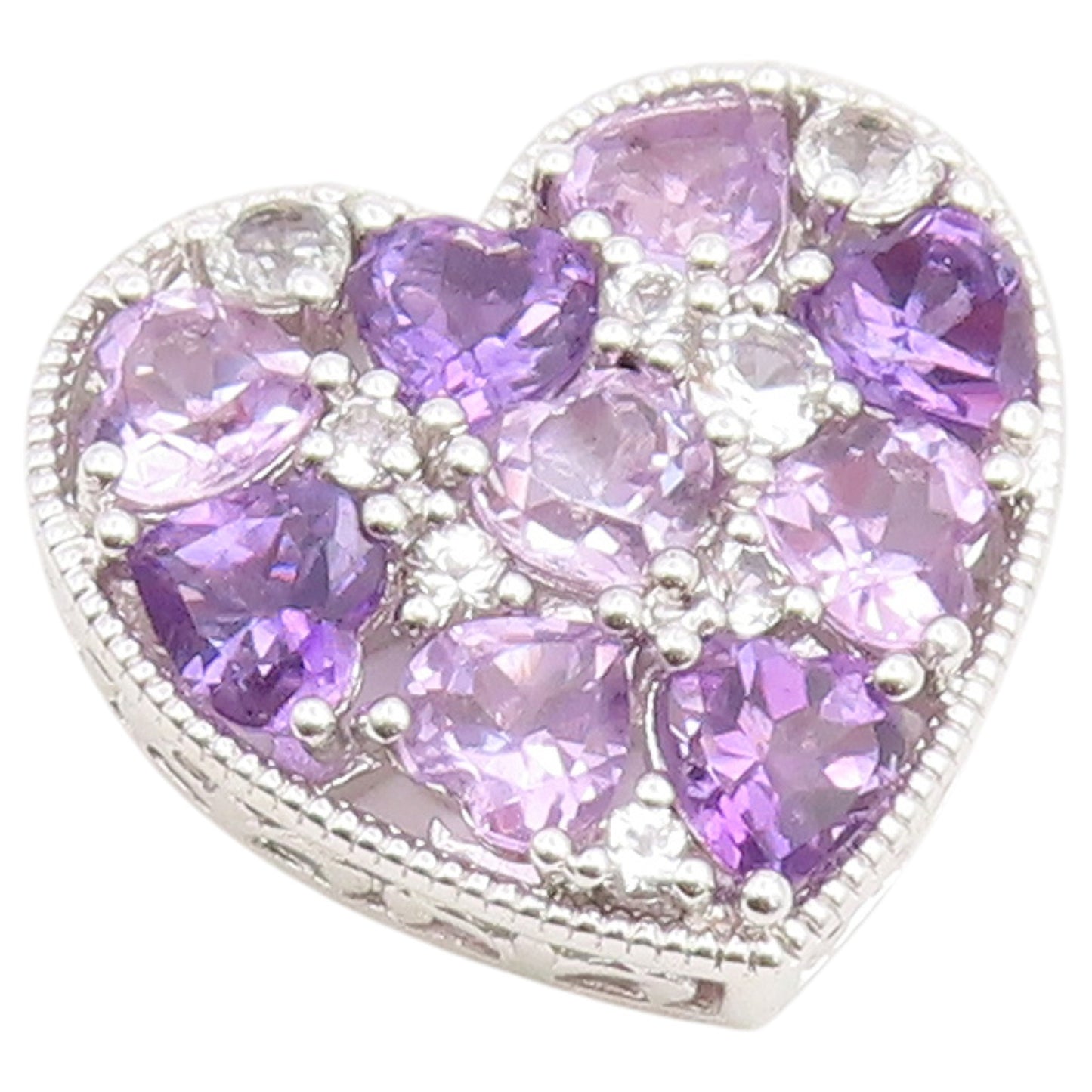 925 Sterling Silver Vintage Pendant Amethyst & Topaz Love Heart Cluster  PT26481
