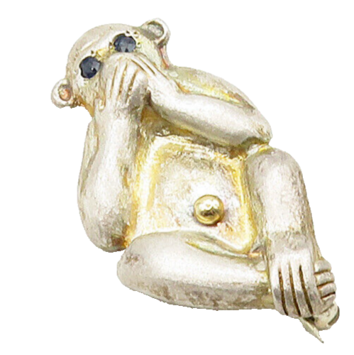 14k Gold 925 Sterling Silver Vintage Speak No Evil Monkey Brooch Pin  BP6277