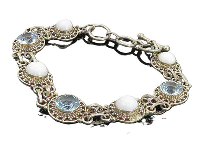 925 Sterling Silver  Vintage Blue Topaz & White Agate Chain Bracelet  BT3617
