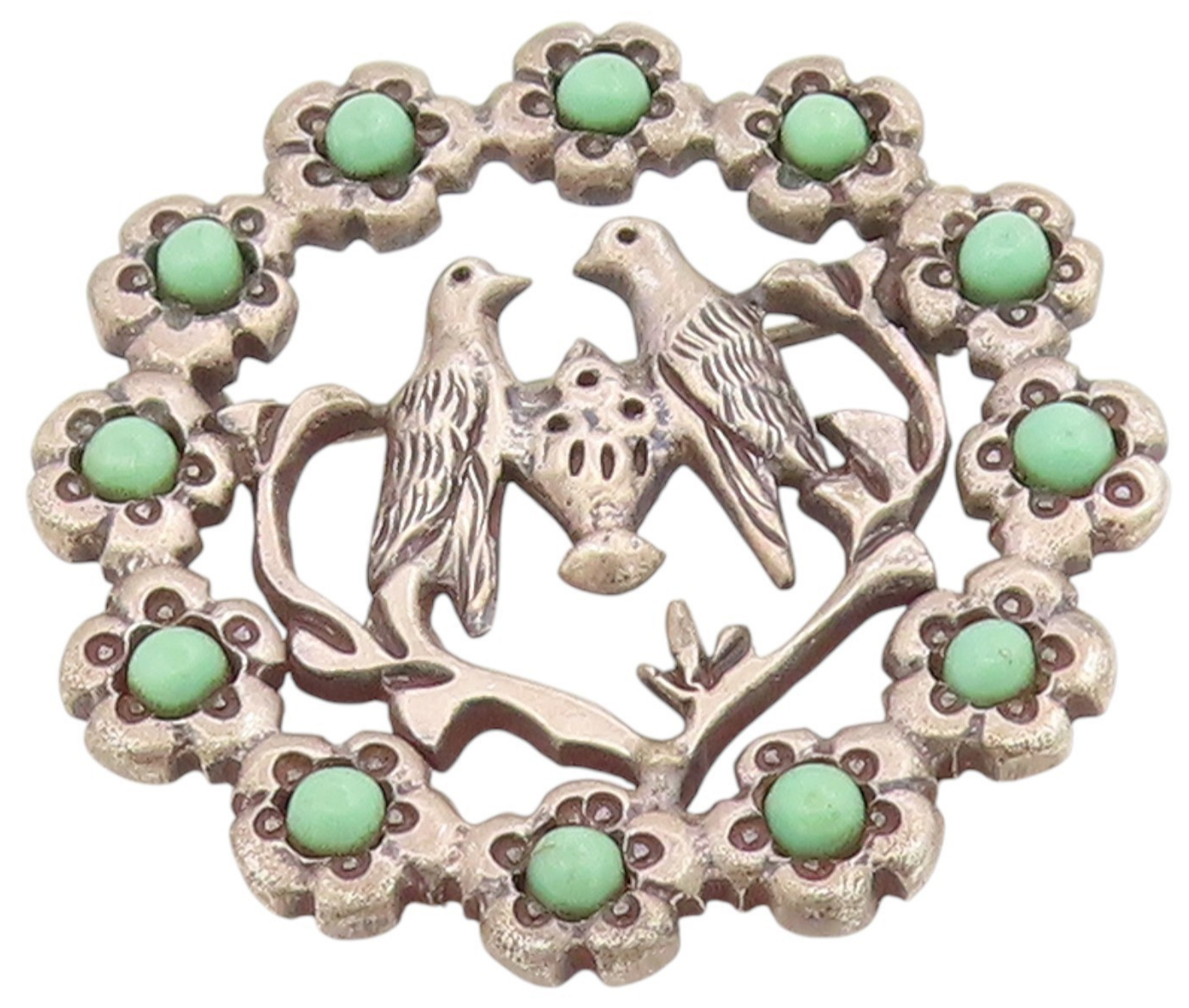 925 Sterling Silver Vintage Brooch Pin MEXICO Turquoise Lovebirds Flower BP12229