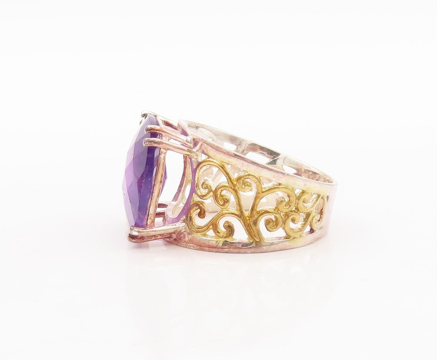 925 Sterling Silver Vintage Ring Swirly Cutout Square Amethyst  Sz 7  RG29465