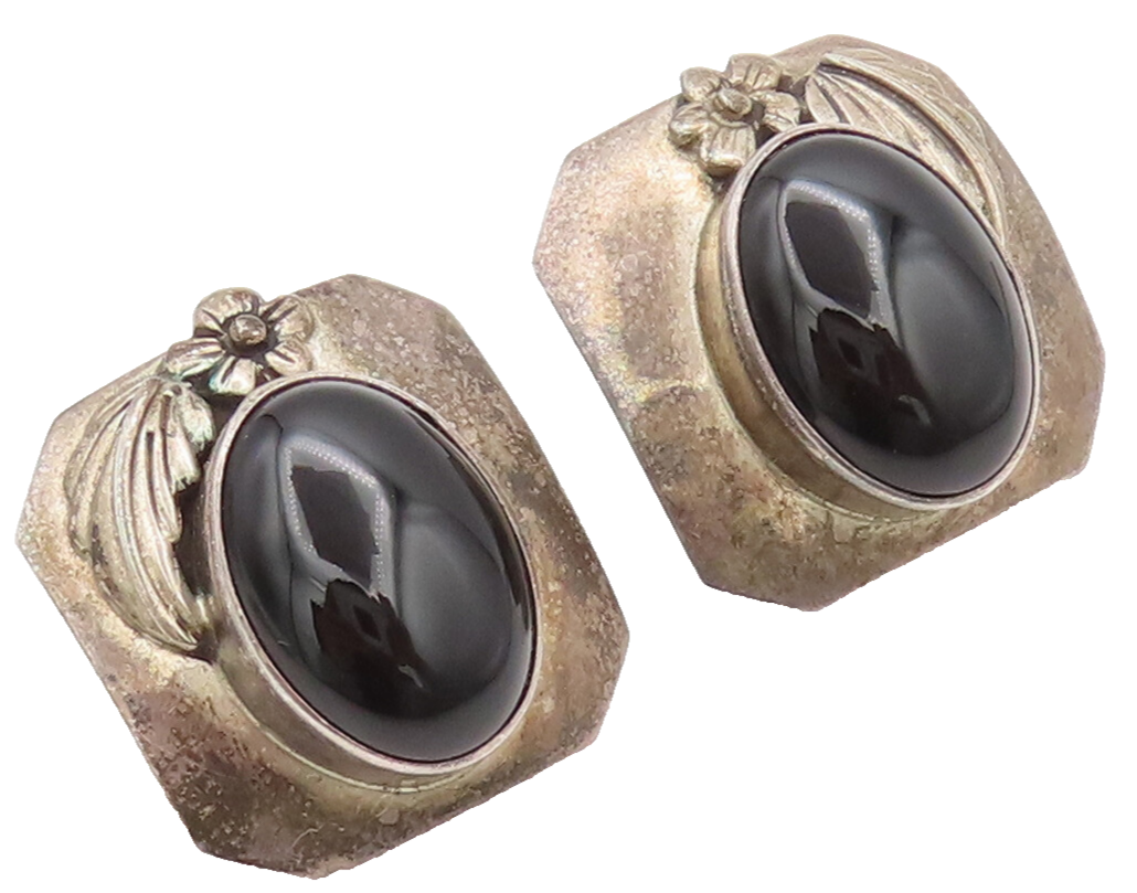 NAVAJO 925 Sterling Silver Vintage Leafed Flower Large Onyx Earrings  EG12649