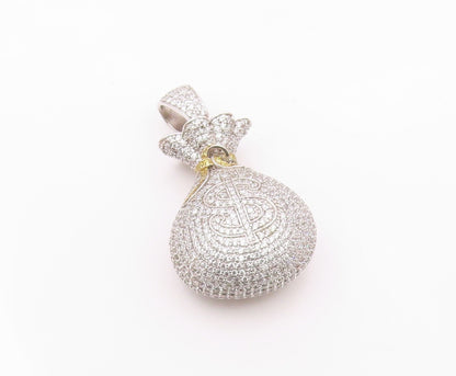 925 Silver  Vintage Shiny Cubic Zirconia Encrusted Money Bag Pendant  PT18347