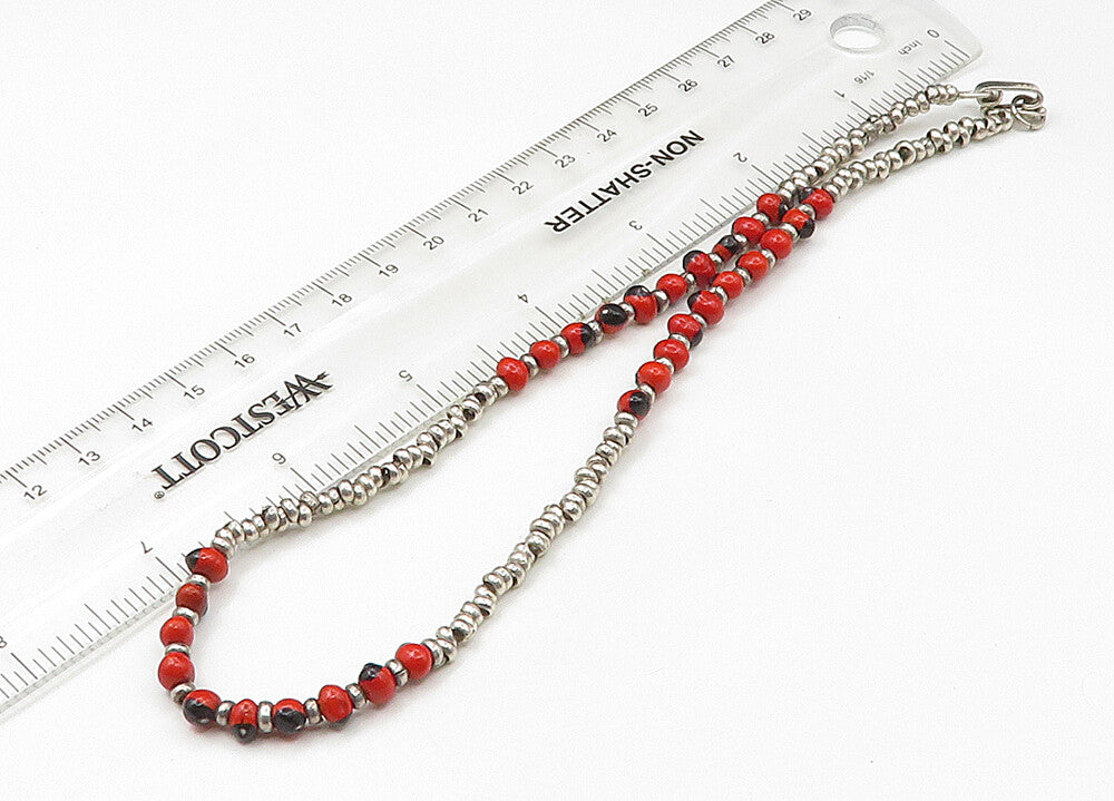 925 Sterling Silver  Vintage Red Enamel Beaded Pattern Chain Necklace  NE3652