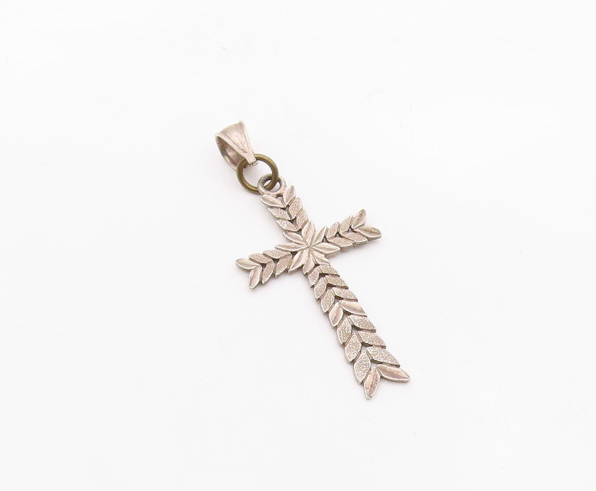 925 Sterling Silver  Vintage Floral Leaf Religious Cross Pendant  PT12091