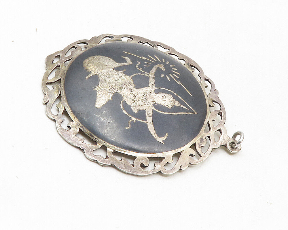 SIAM 925 Sterling Silver  Vintage Black Enamel Niello Dancer Pendant  PT7640