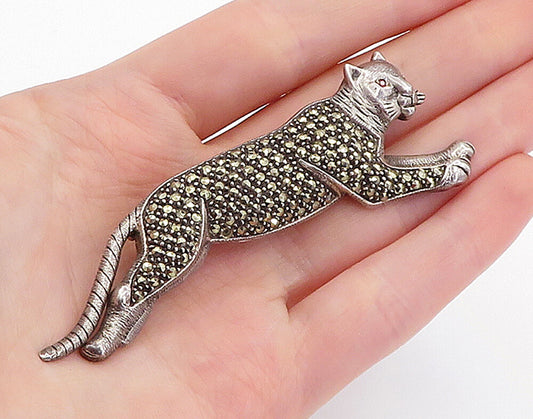 JUDITH JACK 925 Silver  Vintage Marcasite Decorated Jaguar Brooch Pin  BP2058